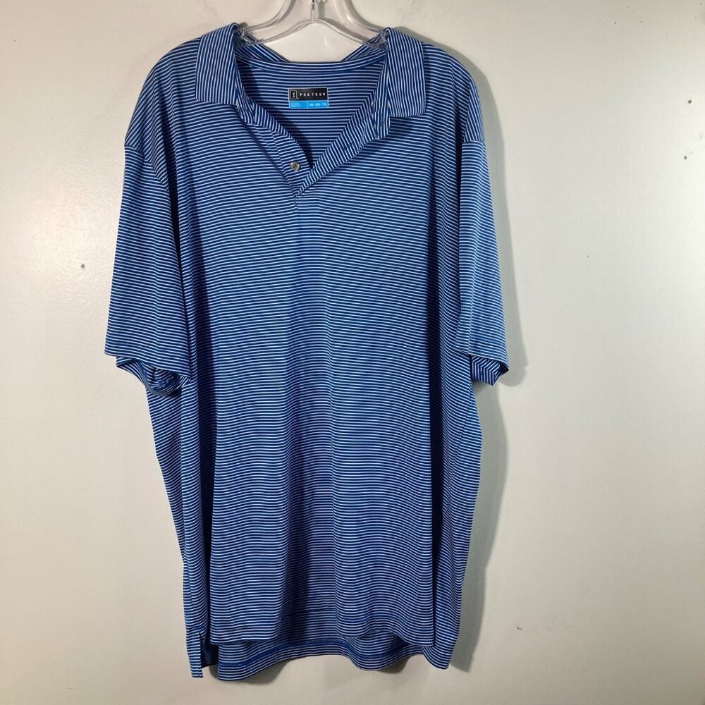 Mens PGA Tour Golf Polo Shirt Short Sleeve Striped‎ 2XL Teal White Polyester